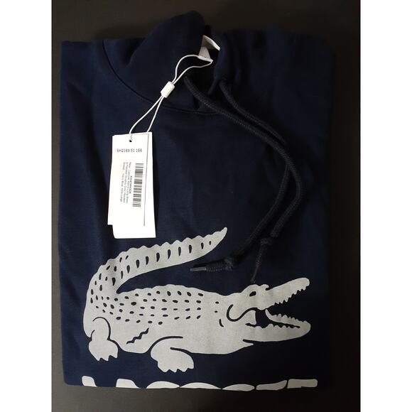 Lacoste Men's Long Sleeve Flocked Graphic Croc Hooded Sweatshirt Navy Blue 3XL - Picture 2 of 2
